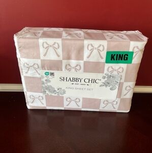 Brand New Shabby Chic KING 4 Piece Sheet Set Pink Ribbon BowFits up to 16" Mat